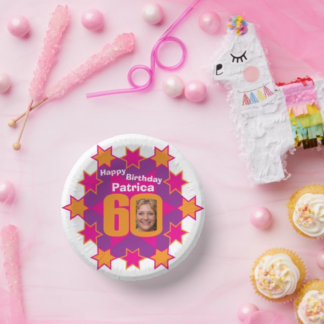 60th birthday photo and name pink star  paper plate (Party)