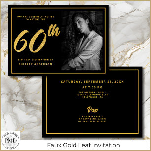 60th Birthday Photo Black Faux Gold Leaf Elegant  Invitation