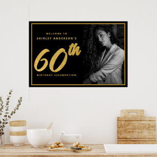 60th Birthday Photo Black Faux Gold Leaf Elegant Poster