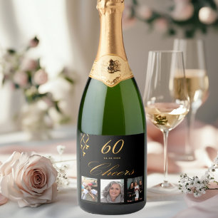 60th birthday photo black gold cheers sparkling wine label