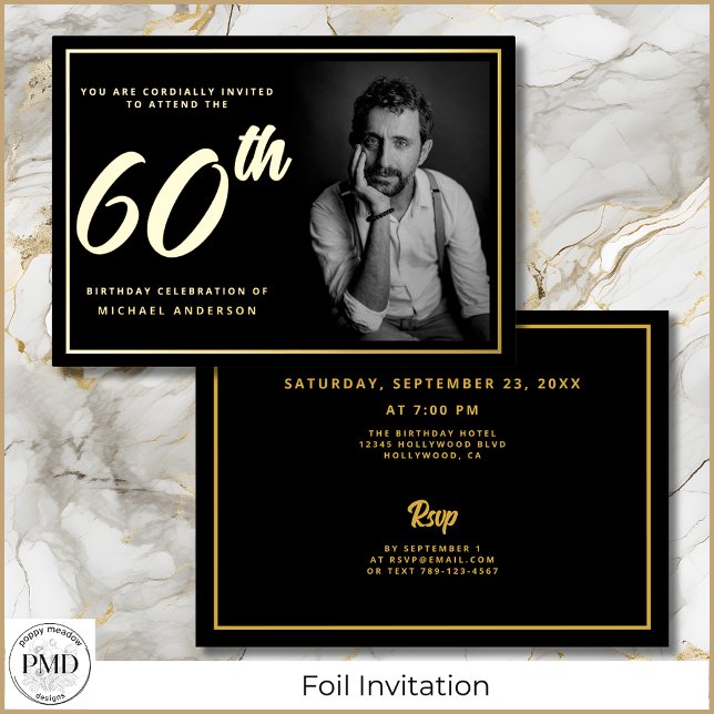 60th Birthday Photo Black Gold Elegant  (60th Birthday Black and Gold Photo Invitation with Gold Foil, Party Details on the Back.)
