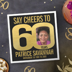 60th birthday photo cheers black and gold napkins