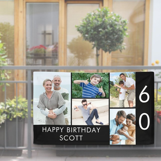 60th Birthday Photo Collage 5 Picture Black White Banner (Creator Uploaded)