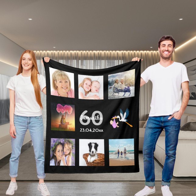 60th birthday photo collage black fleece blanket (Creator Uploaded)