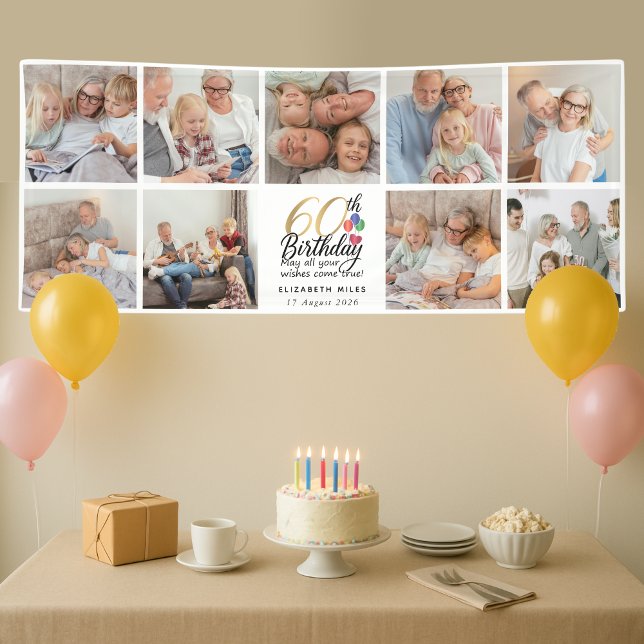 60th Birthday Photo Collage Gold Script Typography Banner (Creator Uploaded)