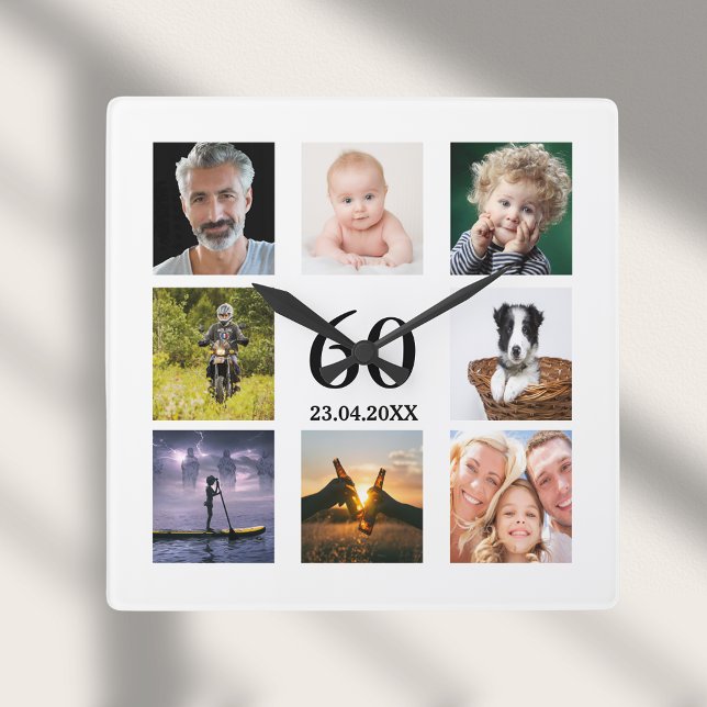 60th birthday photo collage guy square wall clock (Creator Uploaded)