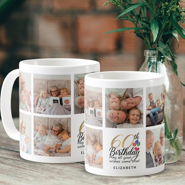 60th Birthday Photo Collage Script Typography Gold Coffee Mug (Creator Uploaded)