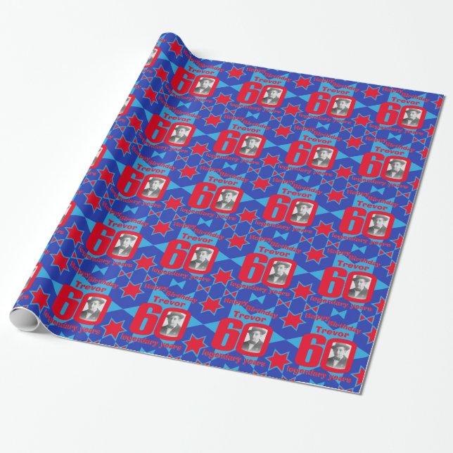 60th Birthday photo fun blue red gift wrap (Unrolled)