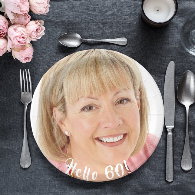 60th birthday photo hello 60 sixty paper plate (Creator Uploaded)