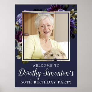 60th Birthday Photo Moody Purple Floral Welcome Poster