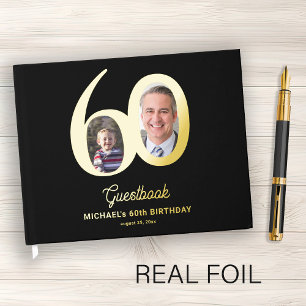 60th Birthday photo name black gold  Guest Book