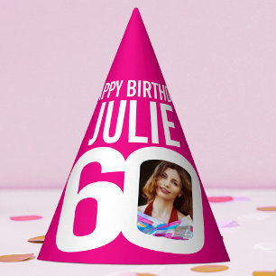 60th birthday photo personalised white hot pink party hat