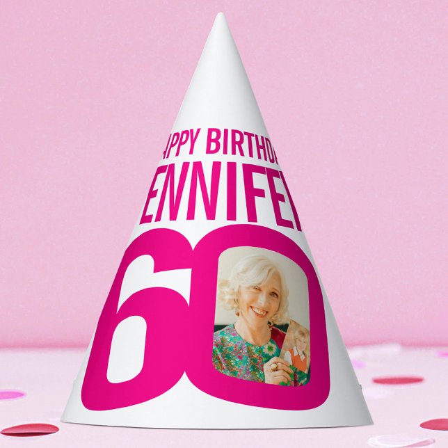 60th birthday photo personalised white pink party hat (Creator Uploaded)