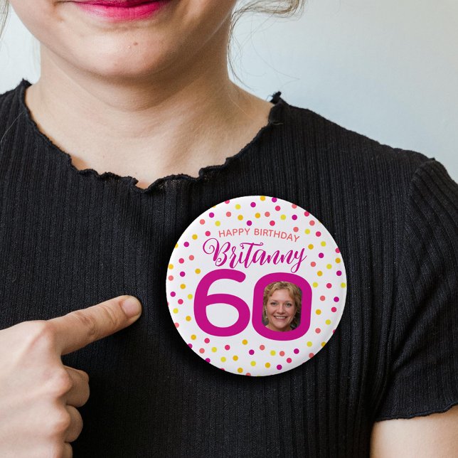 60th birthday photo pink golden yellow confetti 3 cm round badge (Creator Uploaded)