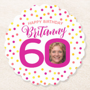 60th birthday photo pink golden yellow confetti  paper coaster