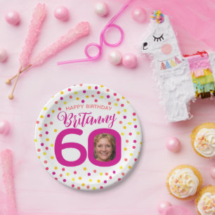 60th birthday photo pink golden yellow confetti  paper plate
