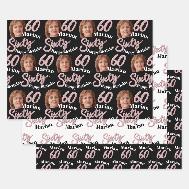 60th birthday photos pink black white wrapping  wrapping paper sheet (Set)