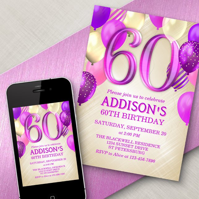 60th Birthday Pink Balloons Invitation (Creator Uploaded)
