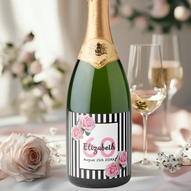 60th birthday pink black white stripes flowers sparkling wine label (Creator Uploaded)