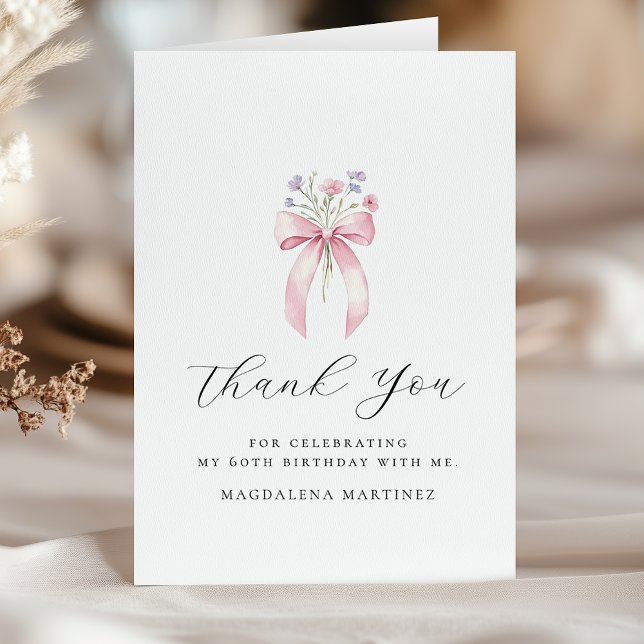 60th Birthday Pink Bow Wildflower Folded Thank You Card (Creator Uploaded)