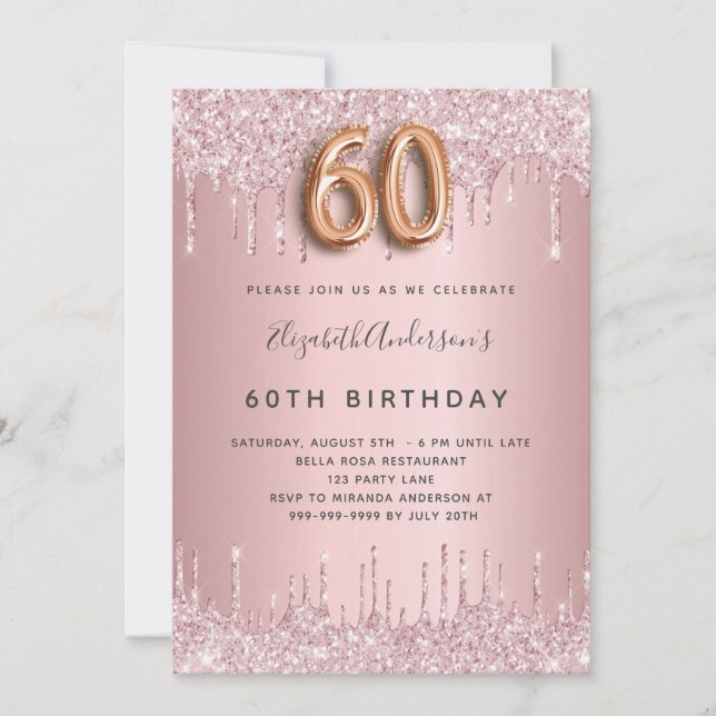 60th Birthday pink dusty rose glitter luxury Invitation (Front)
