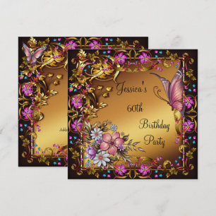 60th Birthday Pink Floral Butterfly Gold Black Invitation