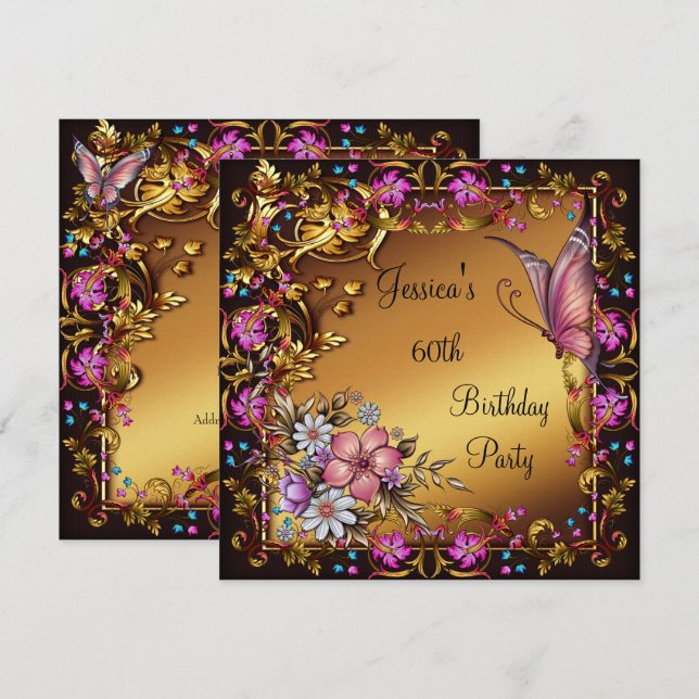 60th Birthday Pink Floral Butterfly Gold Black Invitation (Front/Back)