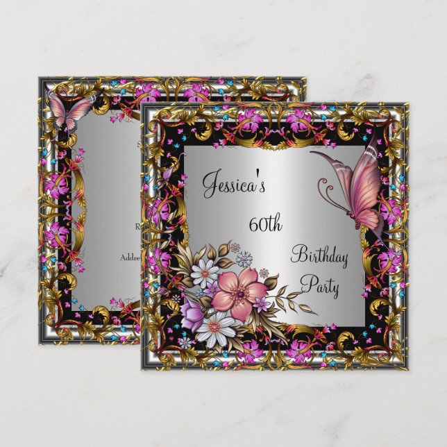 60th Birthday Pink Floral Butterfly Gold Silver Invitation (Front/Back)