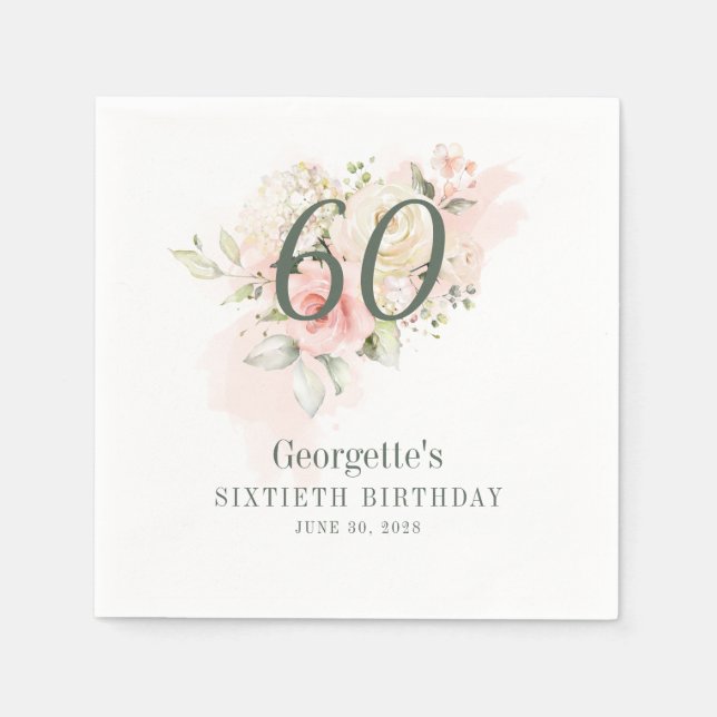 60th Birthday Pink Floral Greenery Blush Paper Napkin (Front)