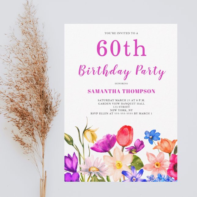 60th Birthday Pink Floral Invitation (Creator Uploaded)