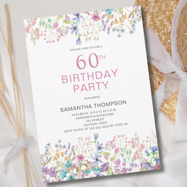 60th Birthday Pink Floral Wildflower Invitation (Creator Uploaded)