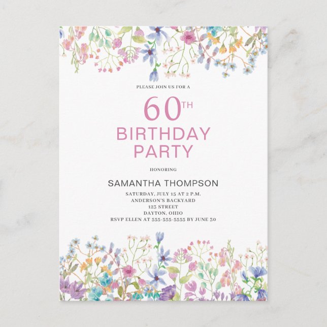 60th Birthday Pink Floral Wildflower Invitation Postcard (Front)