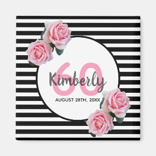 60th birthday pink florals black stripes name magnet
