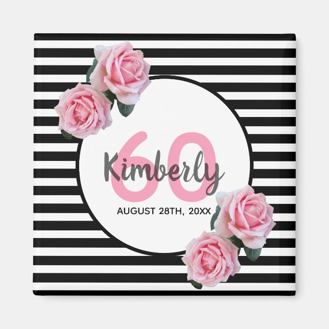 60th birthday pink florals black stripes name magnet (Front)