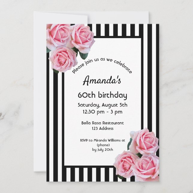 60th birthday pink florals on black white stripes invitation (Front)