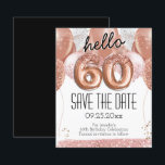 60th Birthday Pink Glitter Save the Date<br><div class="desc">hello 60 birthday party save the date pink glitter balloons. Save the date rose gold number balloons with faux pink glitter. Girly,  elegant,  trendy. Easy to adjust template.</div>