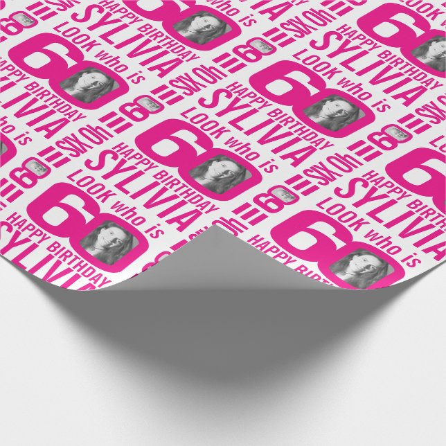 60th birthday pink look 60 custom photo name wrapping paper (Corner)