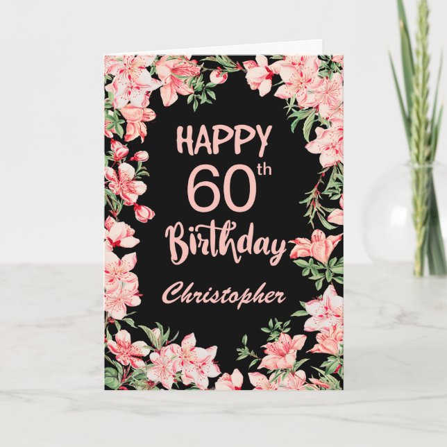 60th Birthday Pink Peach Watercolor Floral Black Card (Front)