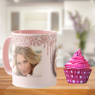 60th birthday pink photo rose gold glitter balloon mug
