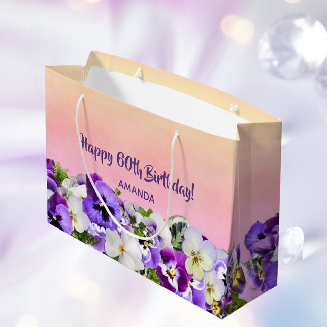 60th Birthday pink purple florals name Large Gift Bag (Creator Uploaded)