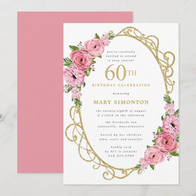 60th Birthday Pink Rose Floral Gold Invitation (Front/Back)