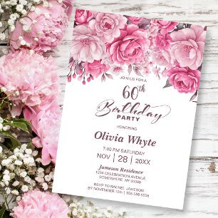 60th Birthday Pink Rose Floral Party Invitation