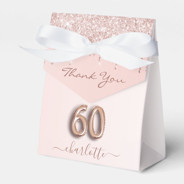 60th birthday pink rose gold glitter thank you favour box (Front Side)