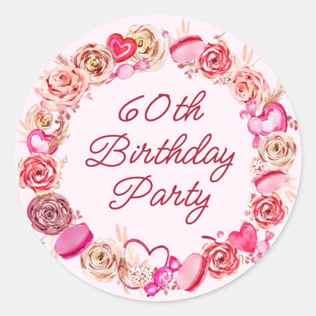 60th Birthday Pink Rose Swirly Heart Envelope Classic Round Sticker (Front)