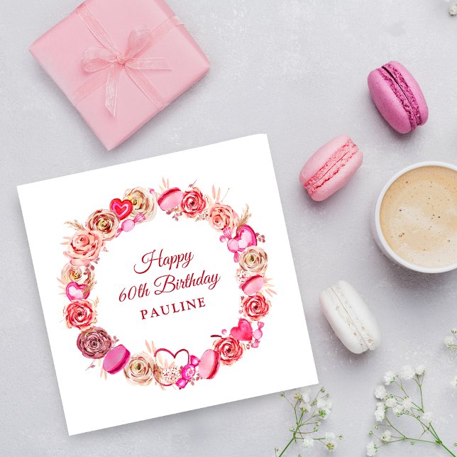 60th Birthday Pink Rose Swirly Heart Valentine's  Napkin (Creator Uploaded)