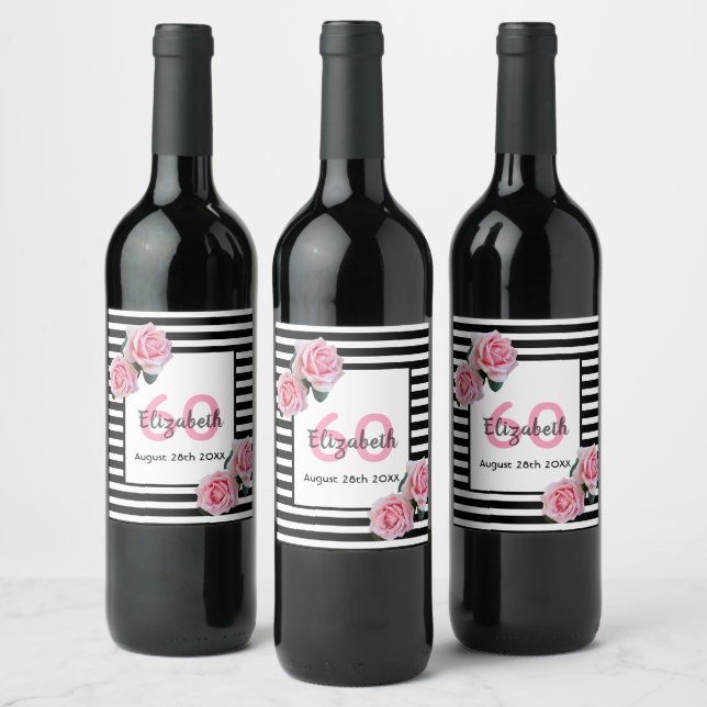 60th birthday pink roses black white stripes wine label (Bottles)