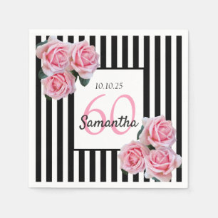 60th birthday pink roses on black white stripes napkin