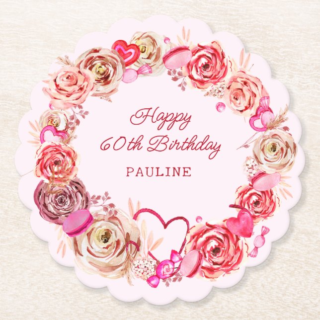 60th Birthday Pink Roses Swirly Heart Paper Coaster (Front)