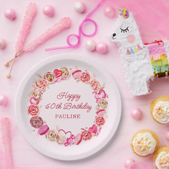 60th Birthday Pink Roses Swirly Heart Paper Plate (Party)