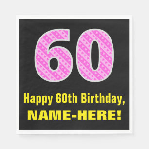 60th Birthday: Pink Stripes and Hearts "60" + Name Napkin